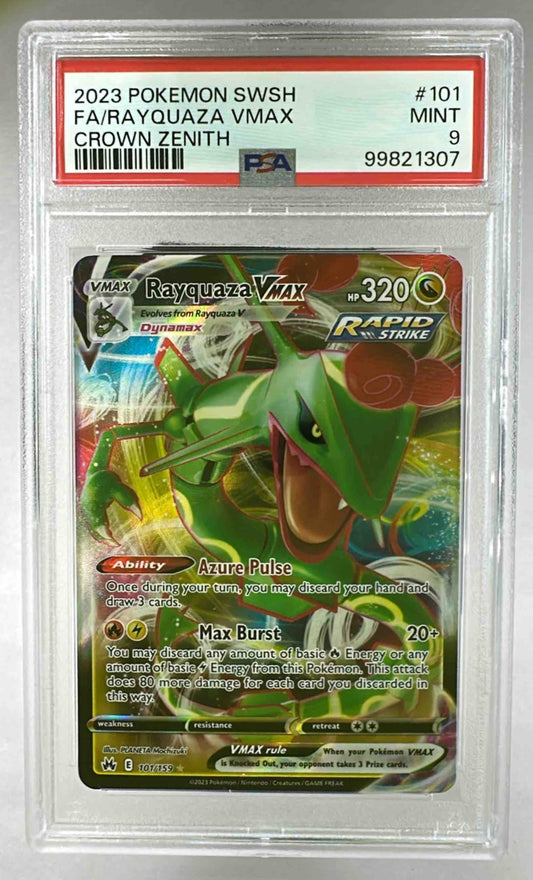 A PSA 9 graded Rayquaza VMAX Pokemon card from the Crown Zenith set in a protective slab.