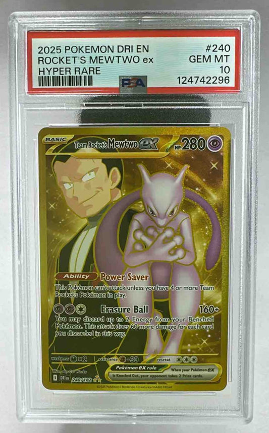 A PSA 10 graded Team Rocket's Mewtwo ex gold card from the 2025 Pokemon Destined Rivals set.