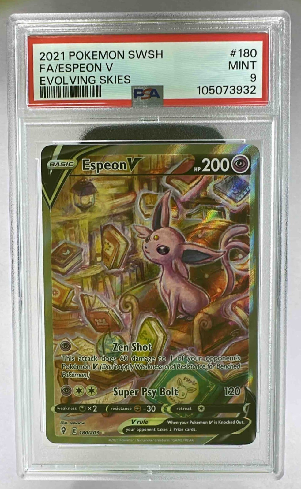 A PSA 9 graded Espeon V full art Pokemon card from the Evolving Skies expansion.