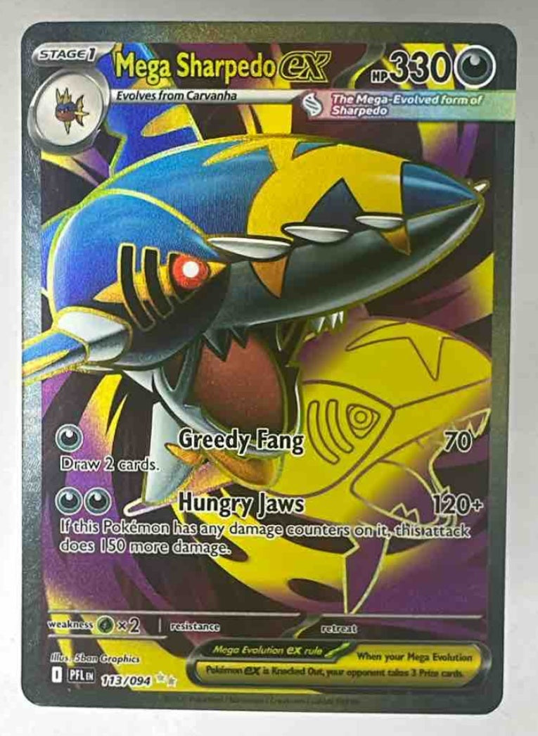A Mega Sharpedo ex Pokemon trading card with dark blue and yellow artwork.