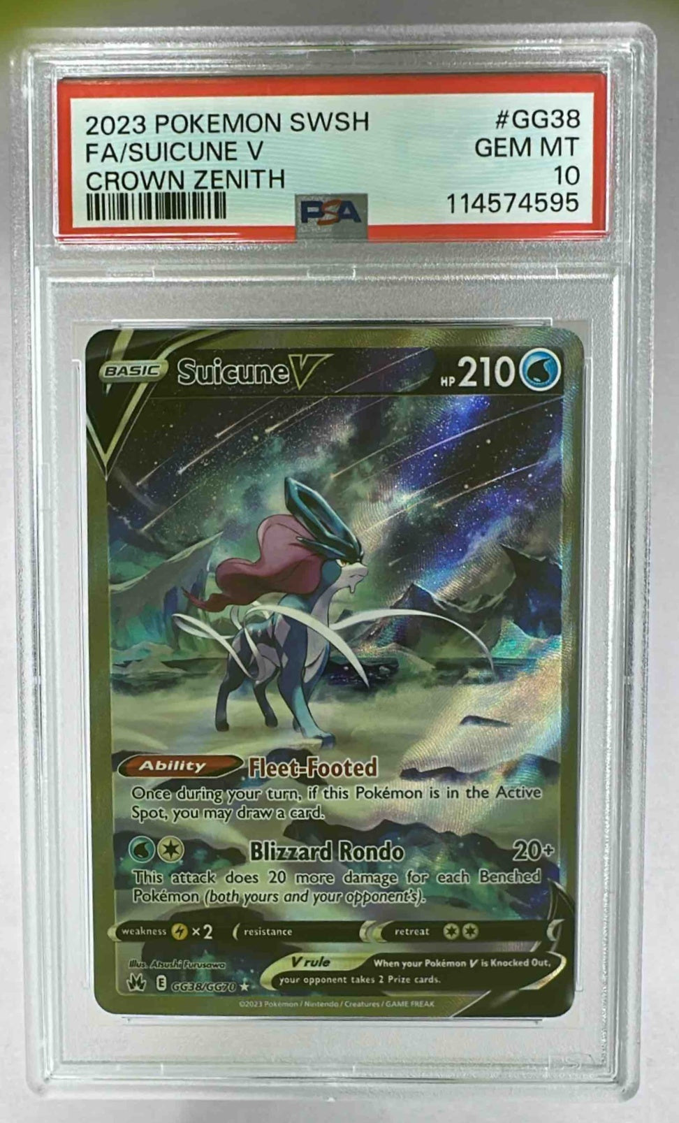 A PSA 10 graded Suicune V card from the Pokemon Crown Zenith Galarian Gallery set.