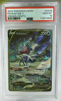 A PSA 10 graded Suicune V card from the Pokemon Crown Zenith Galarian Gallery set.
