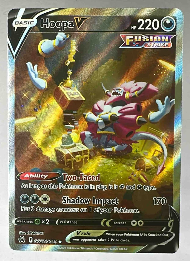A Hoopa V Pokemon card from the Crown Zenith Galarian Gallery set featuring vibrant artwork.