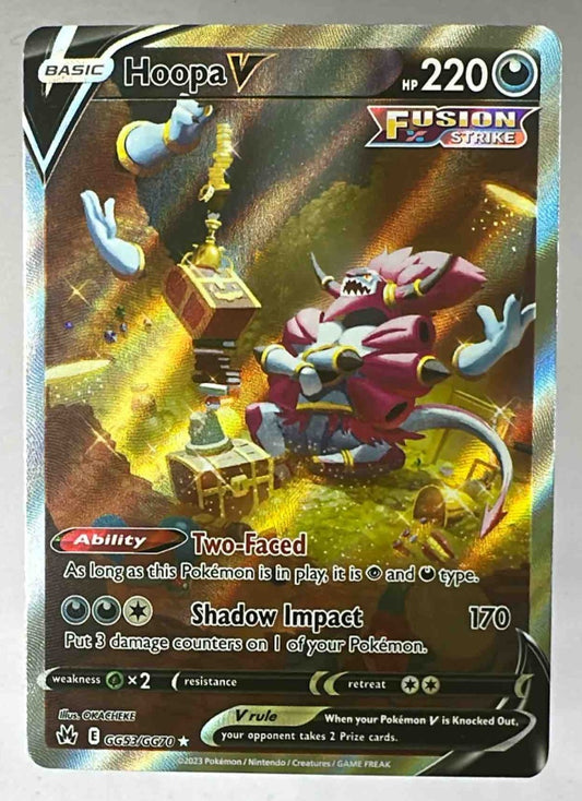 A Hoopa V Pokemon card from the Crown Zenith Galarian Gallery set featuring vibrant artwork.