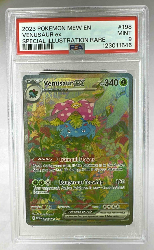 A PSA 9 graded Venusaur ex special illustration rare Pokemon card in a protective plastic slab.
