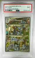 A PSA 9 graded Machoke illustration rare card from the 2023 Pokemon 151 set in a plastic slab.