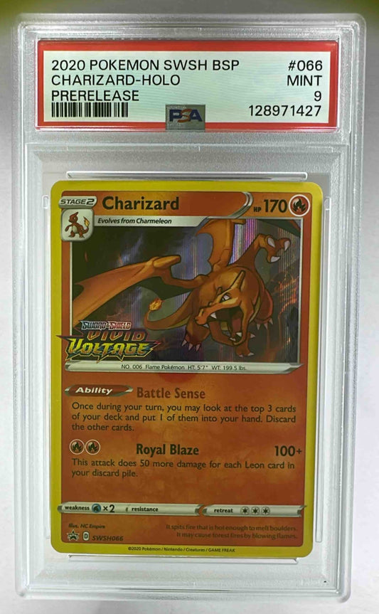 A PSA 9 graded Charizard Pokemon card from the Sword and Shield Black Star Promos set.