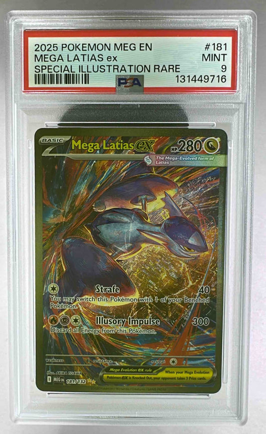 A PSA 9 graded Mega Latias ex Special Illustration Rare Pokemon card in a protective slab.