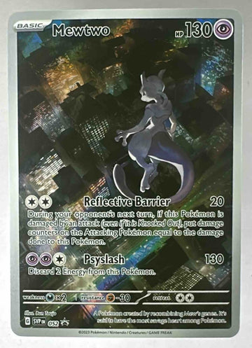 A Mewtwo Pokemon card from the Scarlet and Violet Black Star Promos set featuring city artwork.