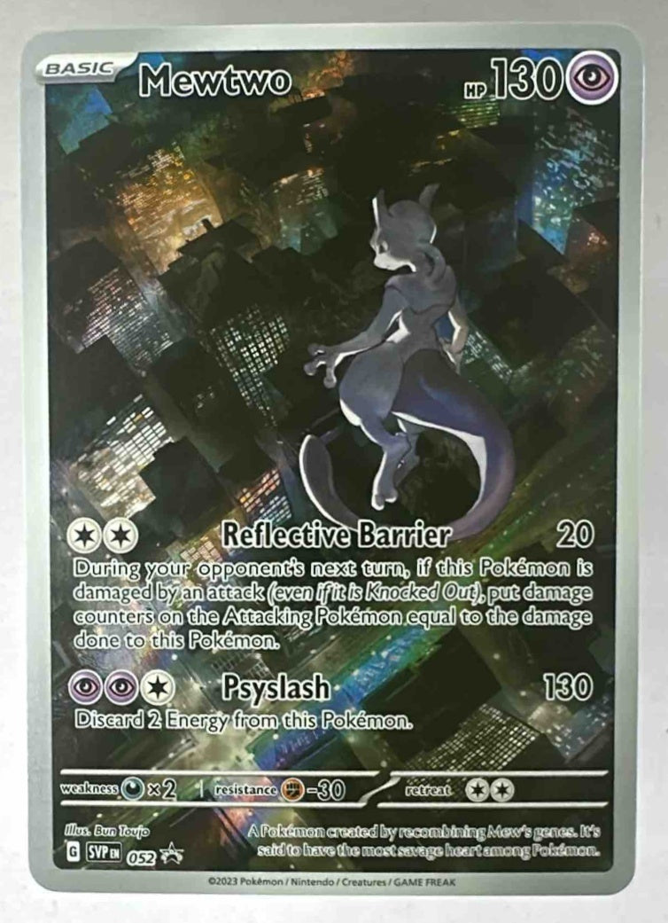 A Mewtwo Pokemon card from the Scarlet and Violet Black Star Promos set featuring city artwork.