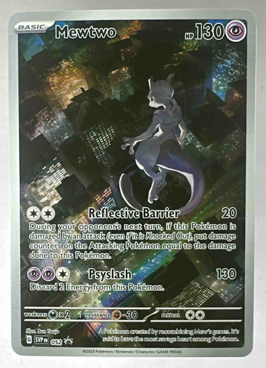 A Mewtwo Pokemon card from the Scarlet and Violet Black Star Promos set featuring city artwork.
