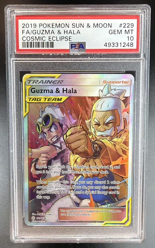 2019 Pokemon Gaming Sun & Moon Cosmic Eclipse Guzma Hala #229/236 PSA 10
