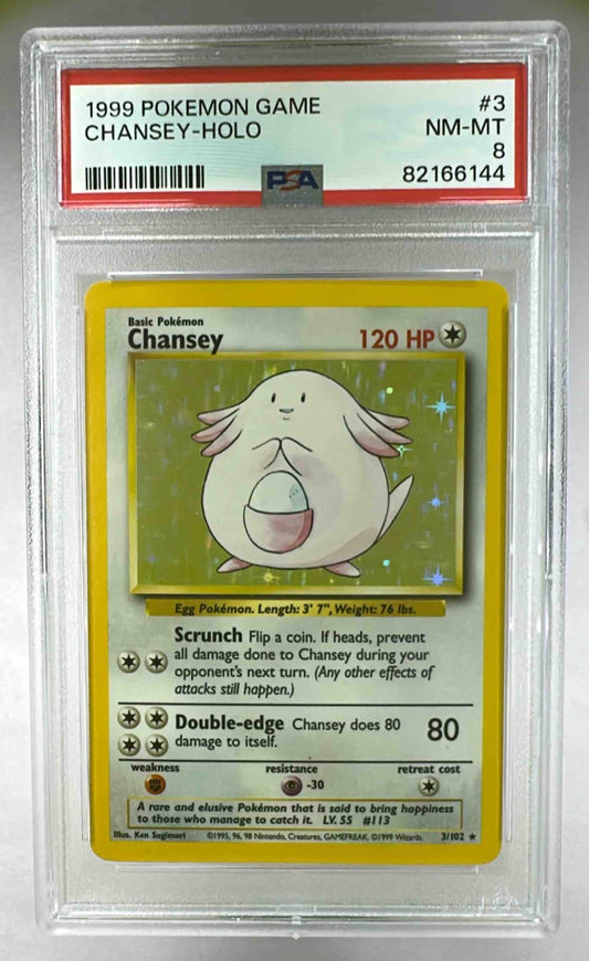 A PSA 8 graded 1999 Pokemon Base Set Chansey holographic trading card in a protective slab.