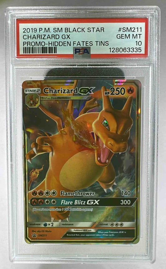 A PSA 10 graded Charizard SM211 Pokemon promo card in a protective plastic slab.