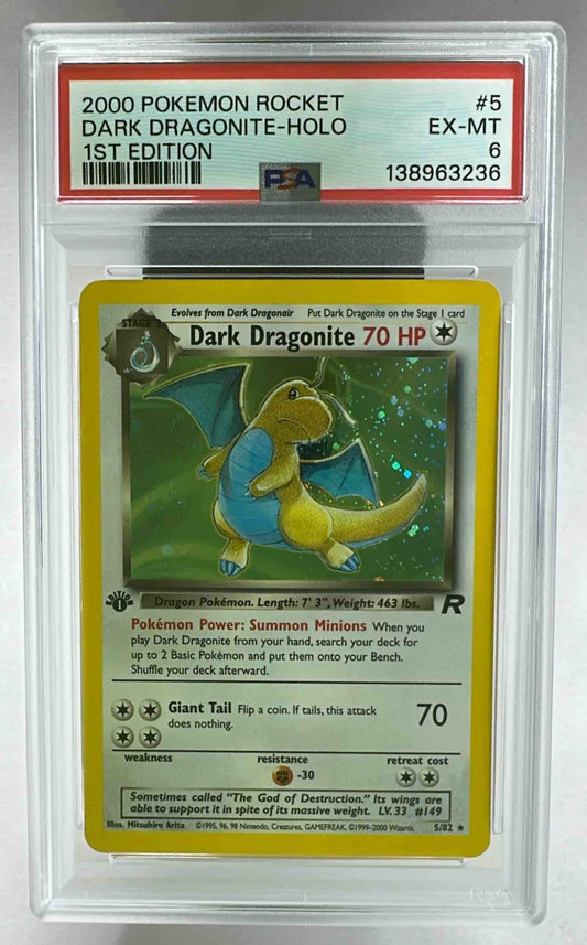 A PSA 6 graded 1st edition holographic Dark Dragonite Pokemon card from the Team Rocket set.