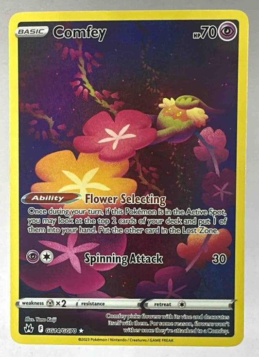A Comfey Galarian Gallery Pokemon card featuring artistic floral illustrations.