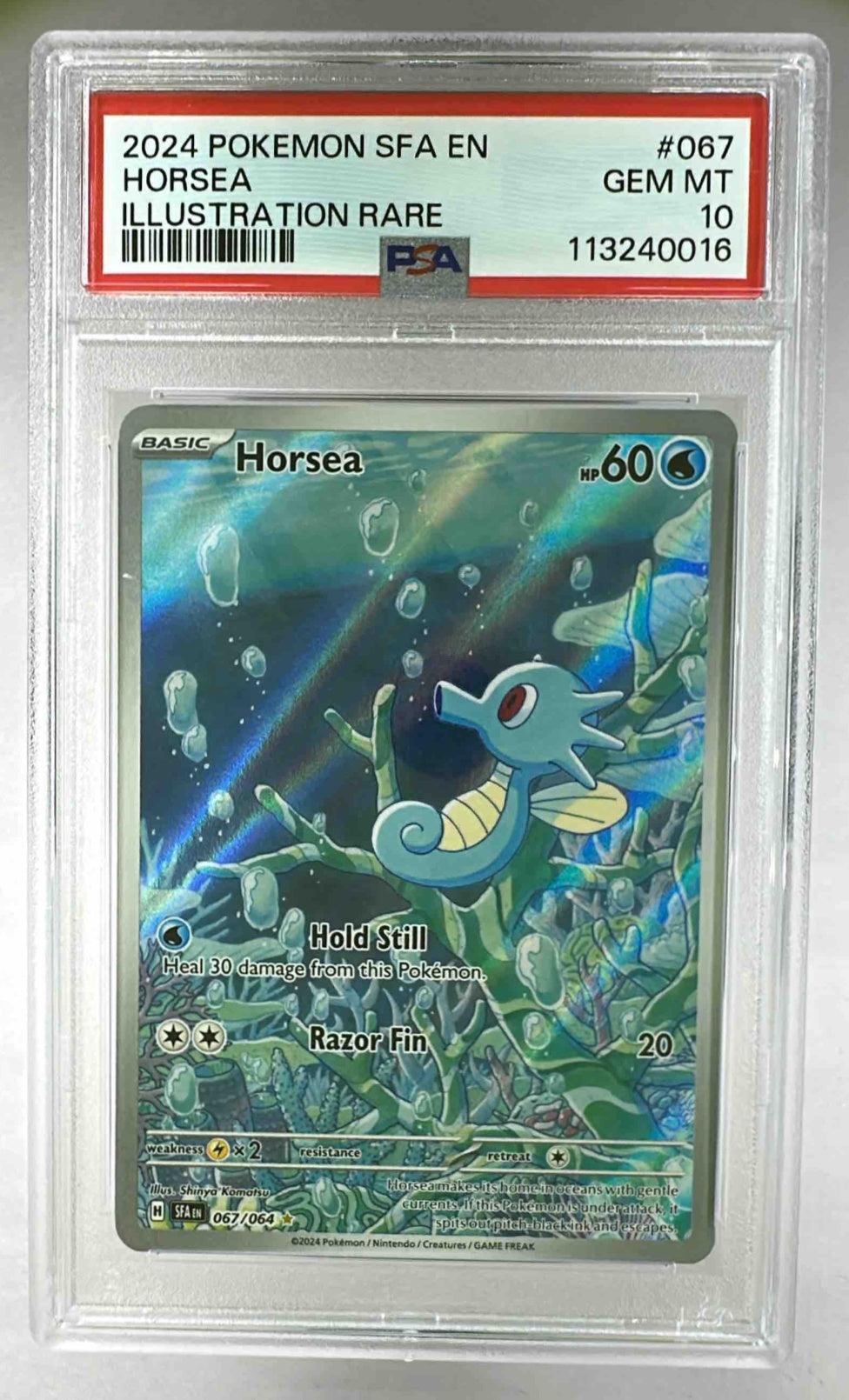 A PSA 10 graded Horsea illustration rare card from the 2024 Pokemon Shrouded Fable set.