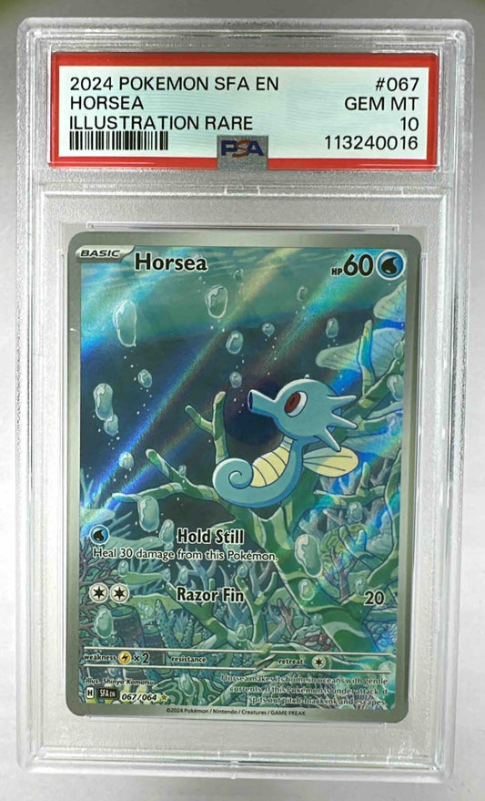 A PSA 10 graded Horsea illustration rare card from the 2024 Pokemon Shrouded Fable set.