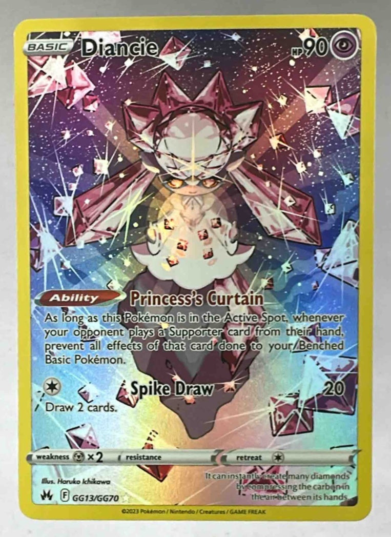 A Diancie Pokemon card from the Crown Zenith Galarian Gallery set with full art illustration.