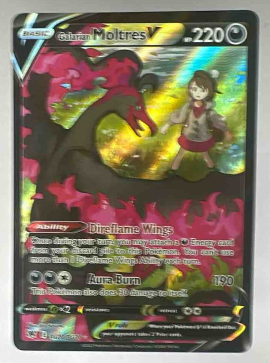 A Galarian Moltres V Trainer Gallery card featuring stylized artwork of the Pokemon and a trainer.