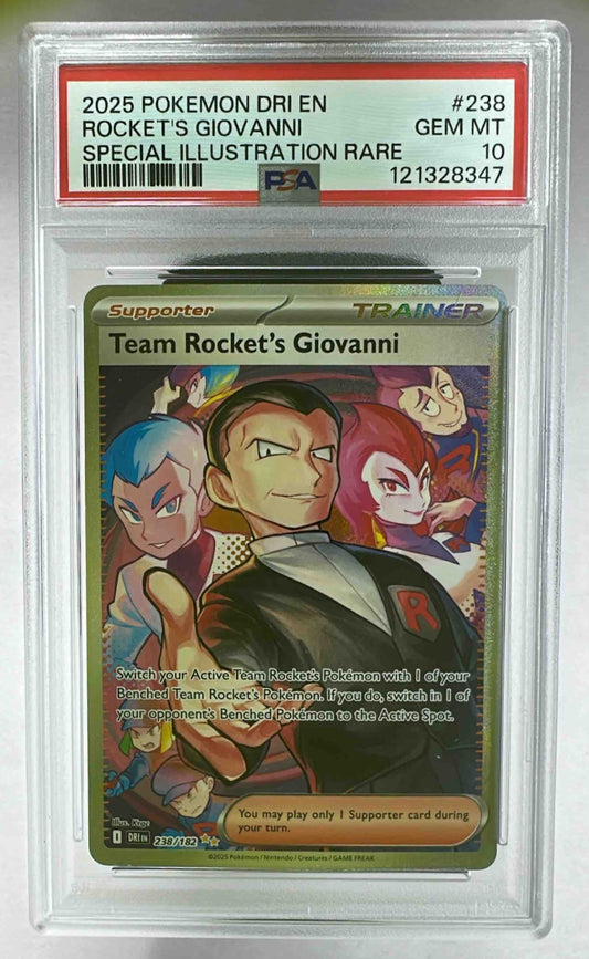 A PSA 10 graded Team Rocket's Giovanni Pokemon card from the 2025 Destined Rivals set.