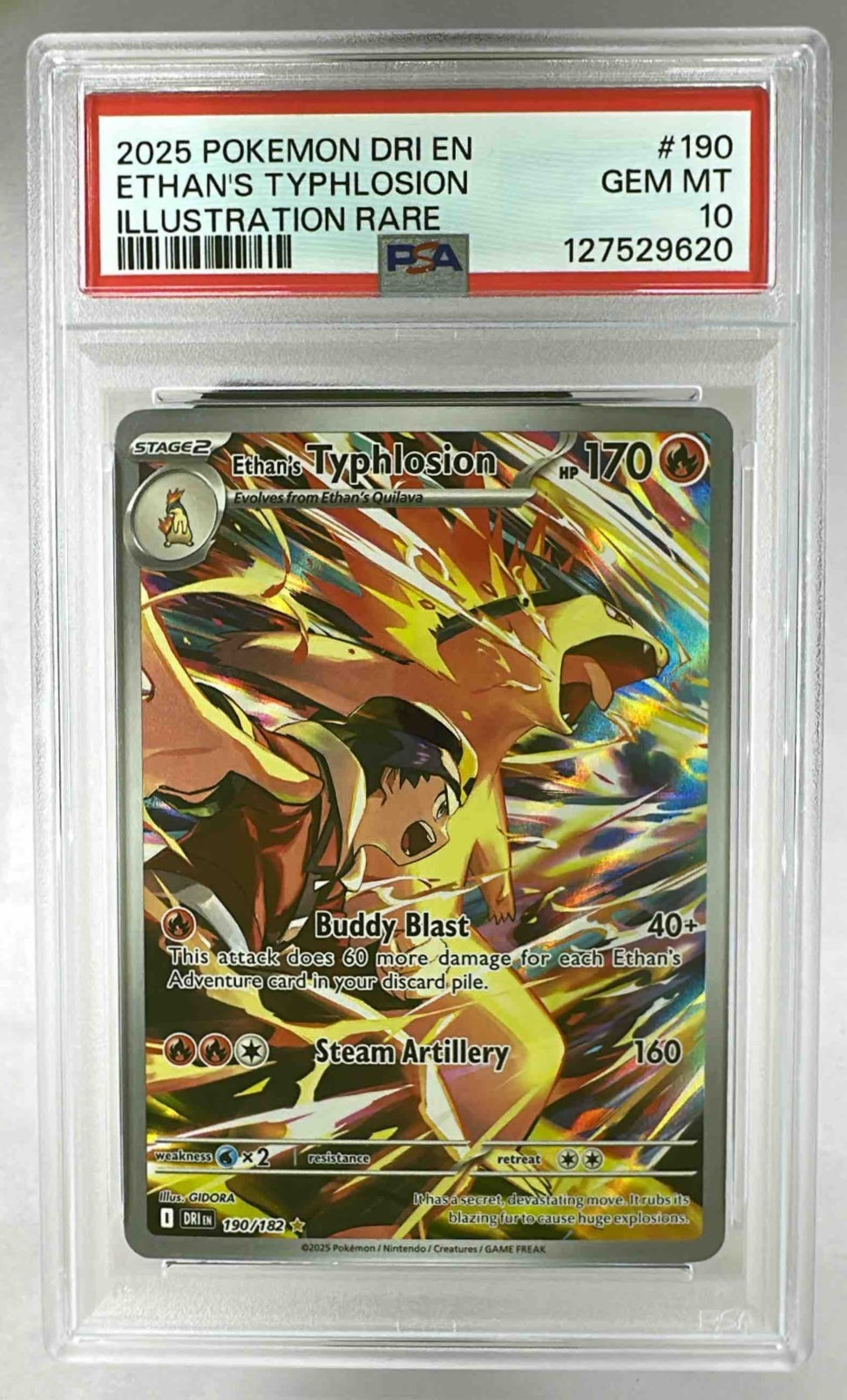 A PSA 10 graded Ethan's Typhlosion Pokemon card from the 2025 Destined Rivals set.