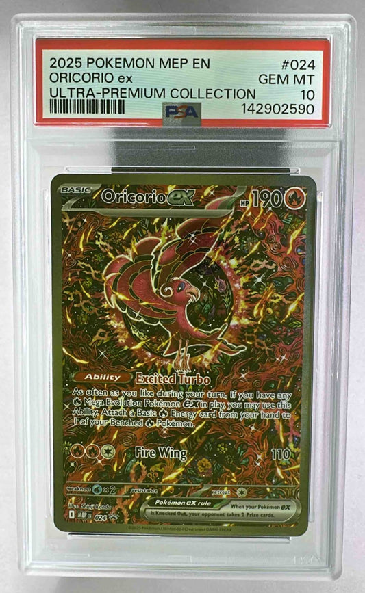 A PSA 10 graded Oricorio ex Pokemon card from the 2025 Black Star Promos set in a plastic slab.