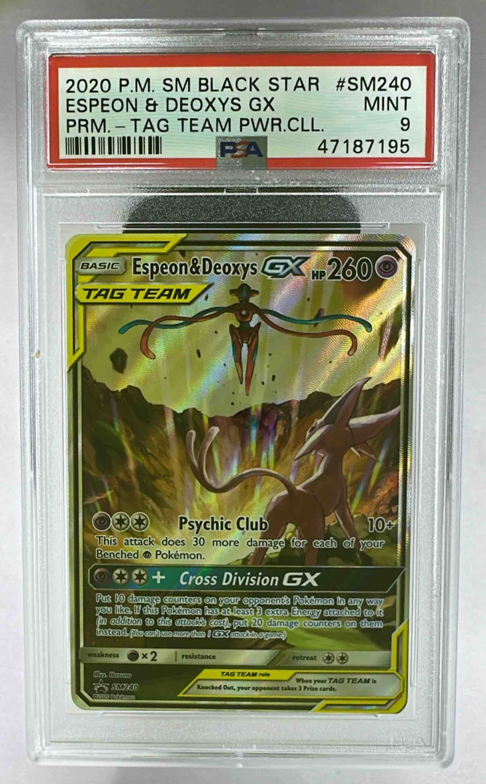 A PSA 9 graded jumbo Espeon and Deoxys GX Pokemon promo card in a protective plastic slab.