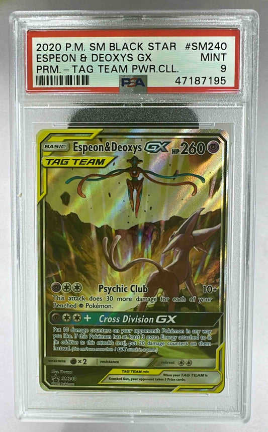 A PSA 9 graded jumbo Espeon and Deoxys GX Pokemon promo card in a protective plastic slab.