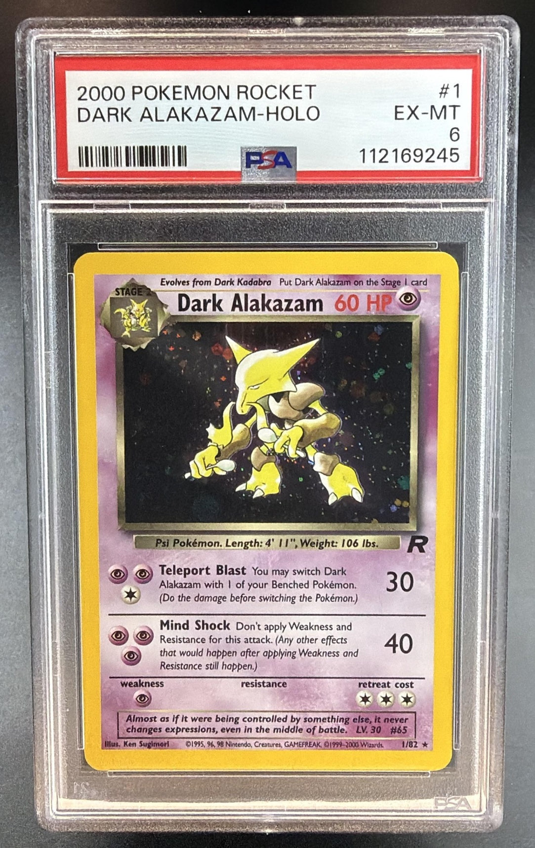 2000 Pokemon Gaming Team Rocket Dark Alakazam #1/82 Holo PSA 6