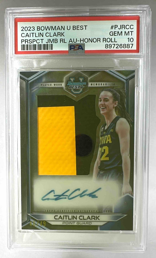 A PSA 10 graded Caitlin Clark autograph card with a jumbo relic from 2023 Bowman Best University.