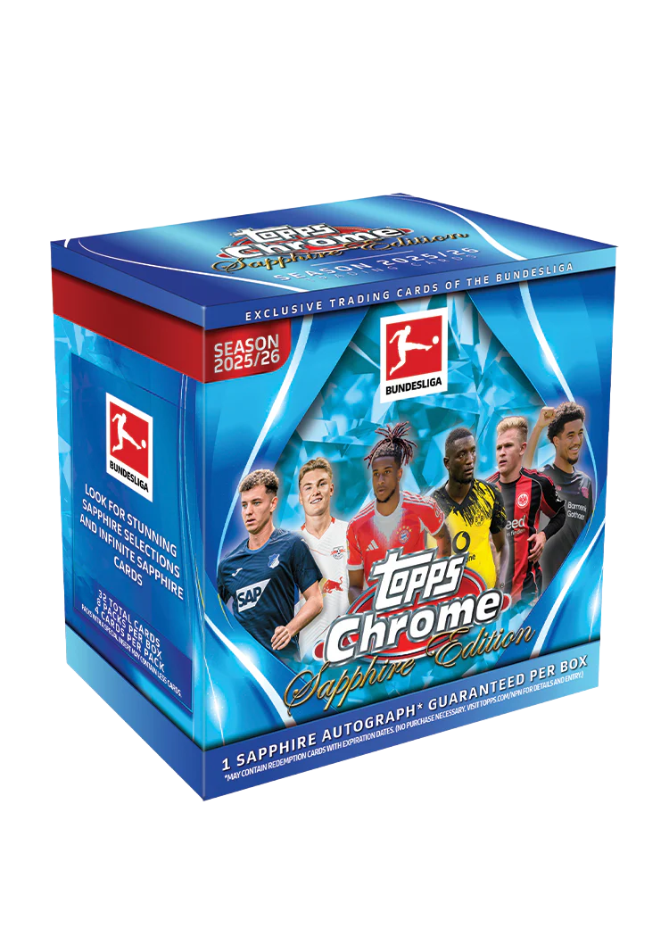 A 2025-26 Topps Chrome Bundesliga Sapphire Edition hobby box featuring soccer player imagery.