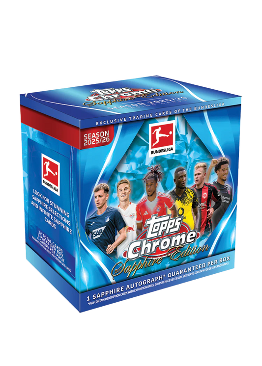 A 2025-26 Topps Chrome Bundesliga Sapphire Edition hobby box featuring soccer player imagery.
