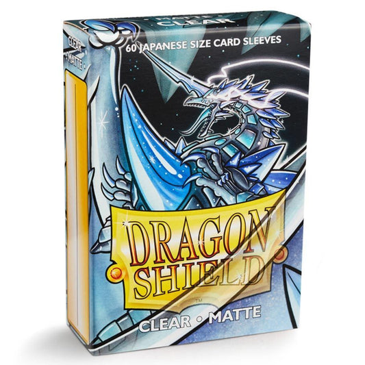 A box of 60 clear matte Japanese size card sleeves featuring a blue dragon illustration.