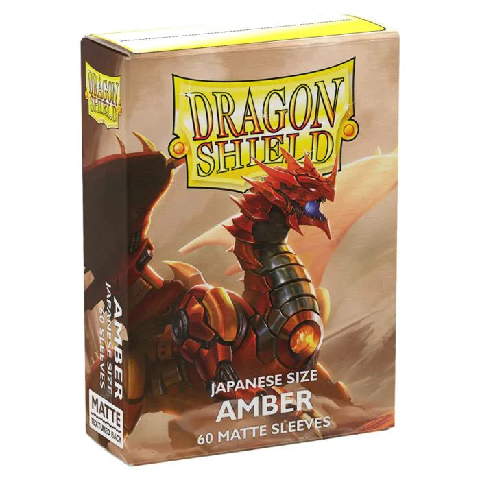 A box of 60 Dragon Shield Japanese size matte card sleeves in an amber color.