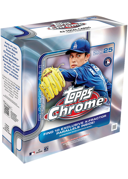 A 2025 Topps Chrome Baseball Mega Box featuring a player in a Los Angeles Dodgers uniform.
