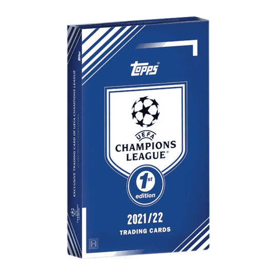 A blue Topps 2021-22 UEFA Champions League 1st Edition hobby box stands on a white background.