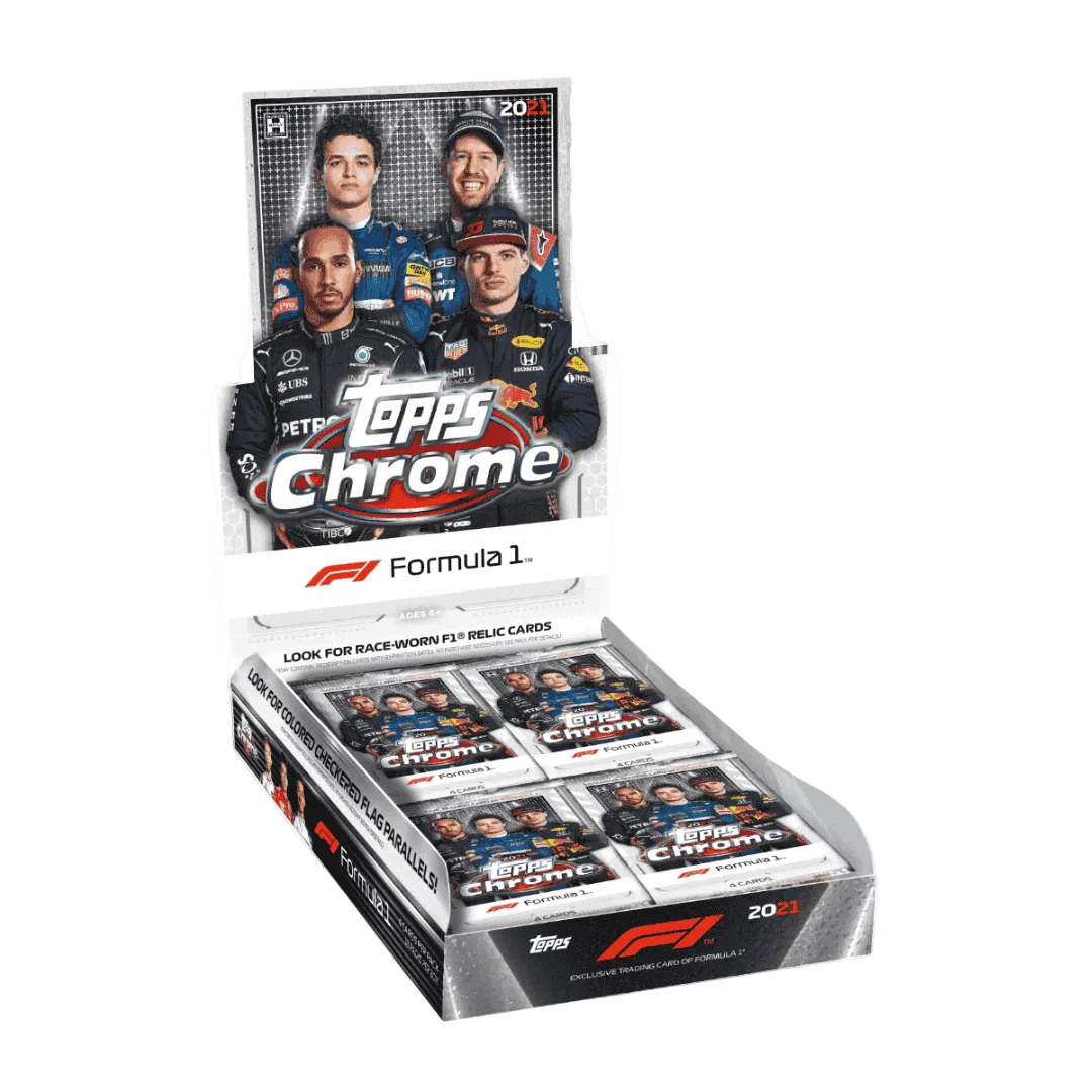 A 2021 Topps Chrome Formula 1 hobby box featuring images of racing drivers on the packaging.
