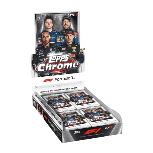 A 2021 Topps Chrome Formula 1 hobby box featuring images of racing drivers on the packaging.