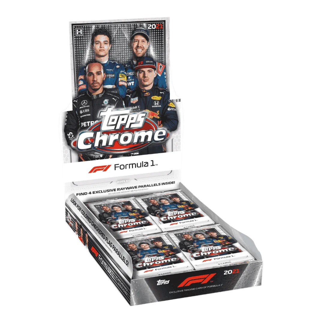 A 2021 Topps Chrome Formula 1 Hobby Lite box containing multiple packs of racing trading cards.