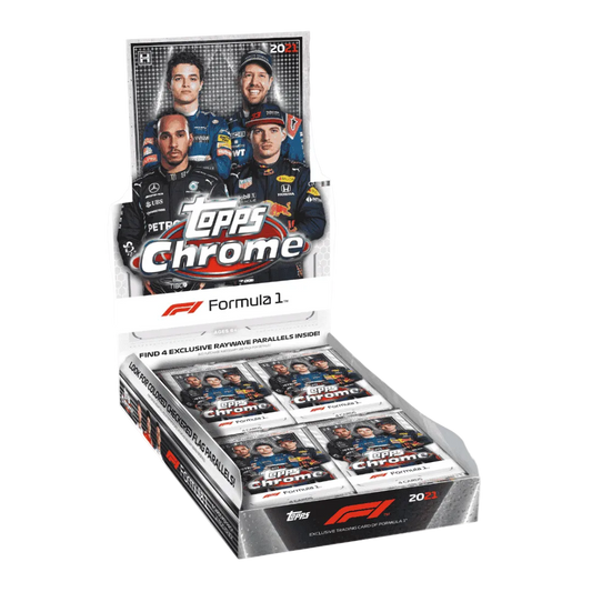 A 2021 Topps Chrome Formula 1 Hobby Lite box containing multiple packs of racing trading cards.