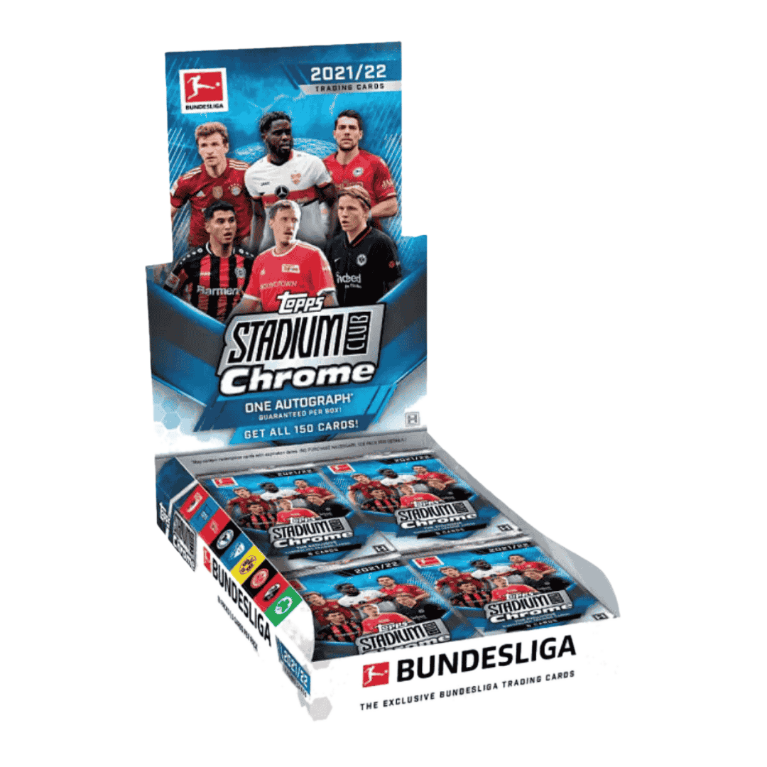 A 2022 Topps Stadium Club Chrome Bundesliga soccer hobby box containing multiple card packs.