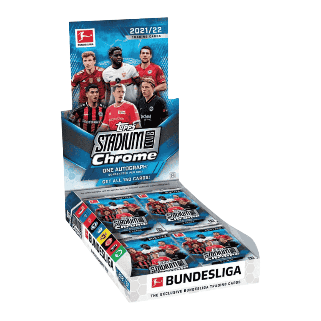 A 2022 Topps Stadium Club Chrome Bundesliga soccer hobby box containing multiple card packs.
