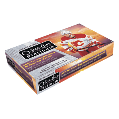 A 2023-24 O-Pee-Chee Platinum hockey hobby box featuring a Calgary Flames player on the cover.