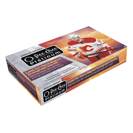 A 2023-24 O-Pee-Chee Platinum hockey hobby box featuring a Calgary Flames player on the cover.
