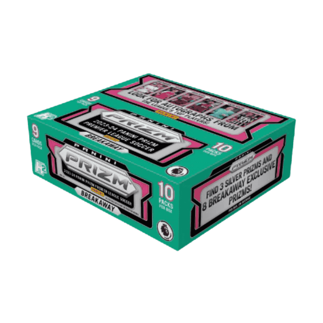 A 2023-24 Panini Prizm Premier League Soccer Breakaway hobby box with teal and pink branding.