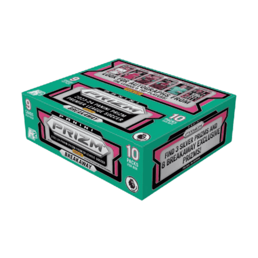 A 2023-24 Panini Prizm Premier League Soccer Breakaway hobby box with teal and pink branding.