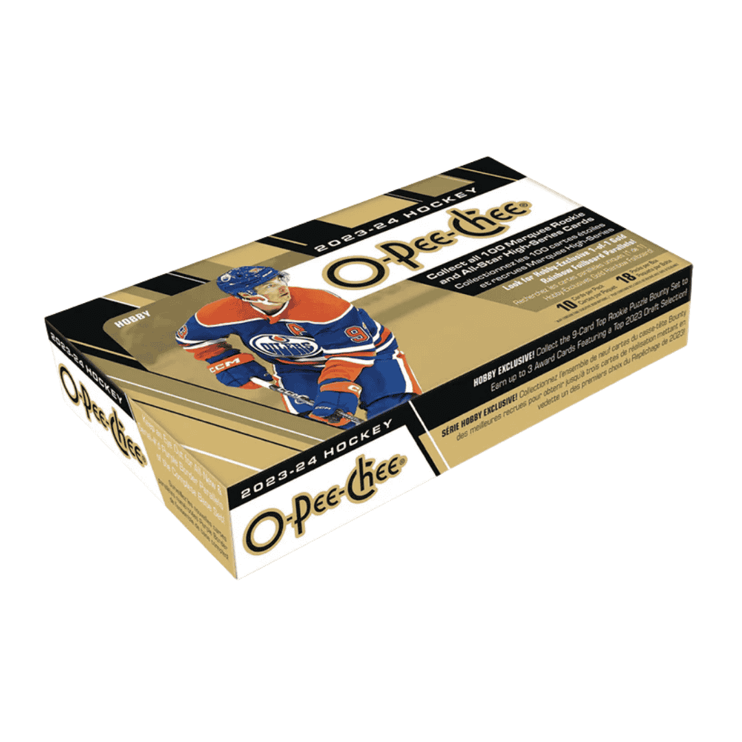 A 2023-24 Upper Deck O-Pee-Chee hockey hobby box featuring an Edmonton Oilers player on the cover.