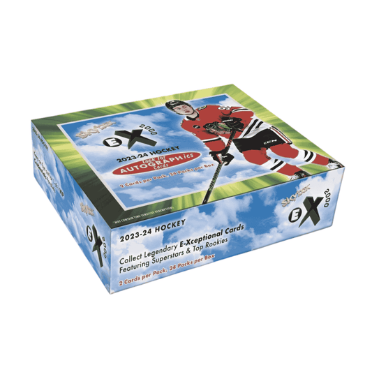 A 2023-24 Upper Deck Skybox E-X 2000 hockey hobby box featuring a sky-themed design.