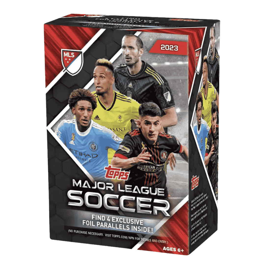 A 2023 Topps MLS Major League Soccer blaster box featuring professional soccer players.